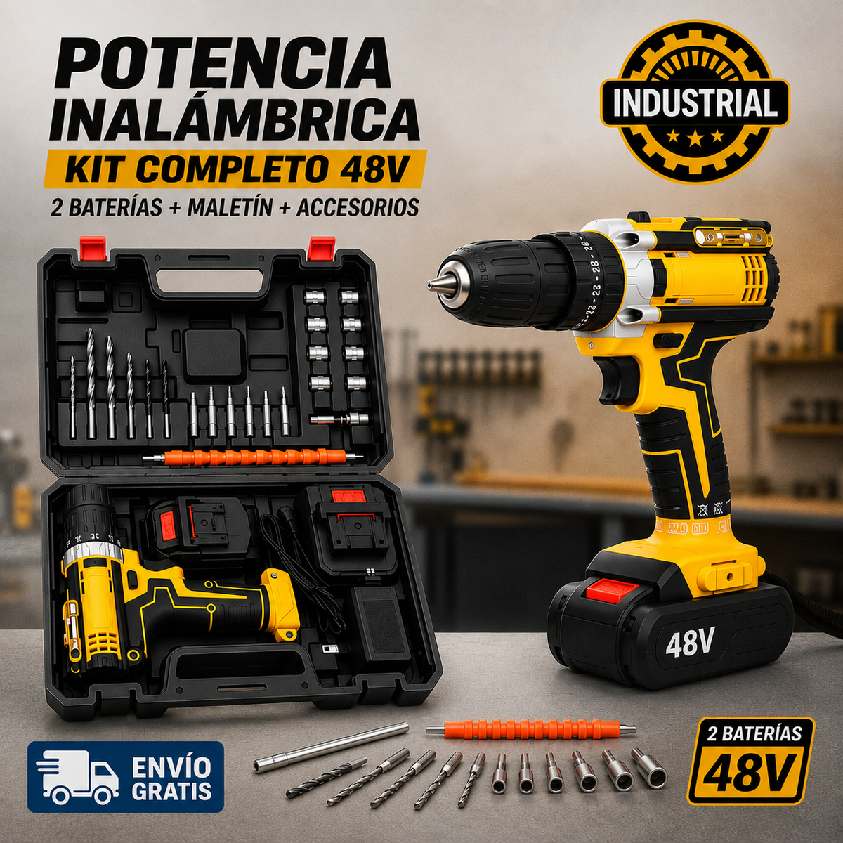 🔥 TALADRO INALÁMBRICO 48V - 2 BATERÍAS + MALETÍN + ACCESORIOS